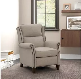 Shasta Linen Gray Push Thru The Arms Recliner with Nailhead Trim