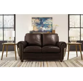 Brookstone Chocolate 61" Leather Loveseat with Nailhead Trim