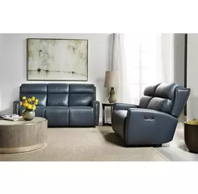 Elspeth Salvo Denim Leather ZeroG 81" Power Reclining Console Sofa With Power Headrest
