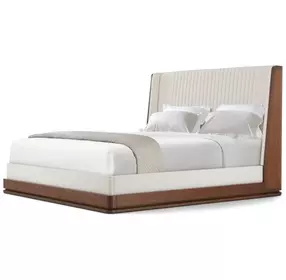 Spencer Coronet Cream and Auburn Upholstered Walnut Channel King Panel Bed