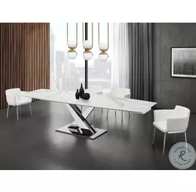 X Base White Marbled And High Polished Stainless Steel Extendable Dining Table