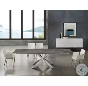 Icon Dark Brown Marbled Porcelain Top And High Polished Stainless Steel Motorized Extendable Dining Table