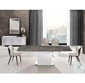 Olivia Dark Brown Marbled Porcelain Top And White Motorized Extendable Dining Table
