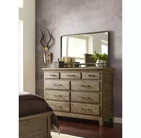 Heritage Timber Sandstone and Gray 9 Drawer Westwood Bureau with Rectangular Landscape Mirror