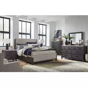 Foxrun Hollow Ravenwood Black and Elite Dove California King Upholstered Panel Bed