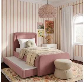 Briella Salmon Performance Velvet Twin Upholstered Panel Storage Trundle Bed