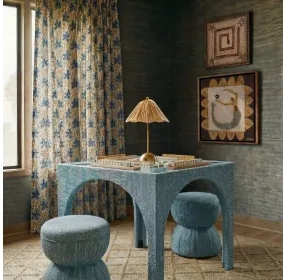 Tomlin Teal Performance Fabric 35" Square Game Table and Round Ottoman Set of 2