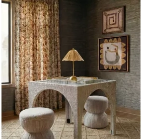 Tomlin Beige Performance Fabric 35" Square Game Table and Round Ottoman Set of 2