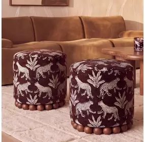 Dex Brown and White Leopard Jacquard Performance Fabric Upholstered Round Ottoman