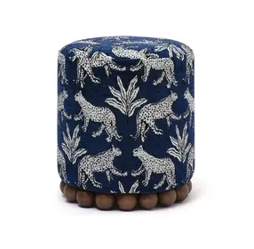 Dex Blue and White Leopard Jacquard Performance Fabric Upholstered Round Ottoman