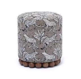 Dex Smoke Gray and White Leopard Jacquard Performance Fabric Upholstered Round Ottoman
