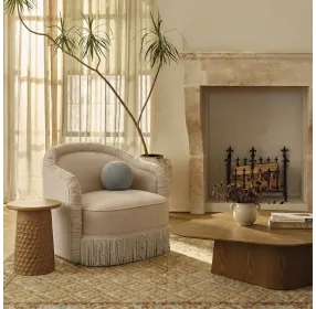 Pamela Tan Performance Fabric Upholstered Swivel Tassel Lounge Chair