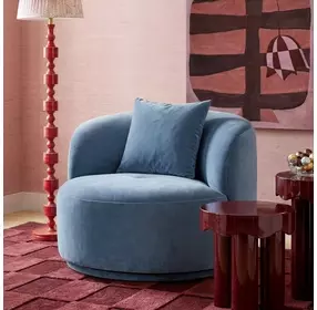 Fickle Bluestone Performance Velvet Upholstered Swivel Accent Chair with Pillow