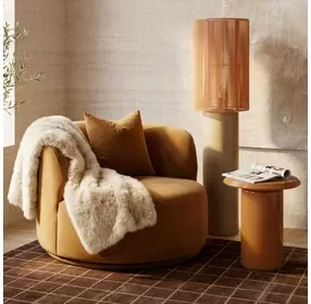 Fickle Camel Performance Velvet Upholstered Swivel Accent Chair with Pillow