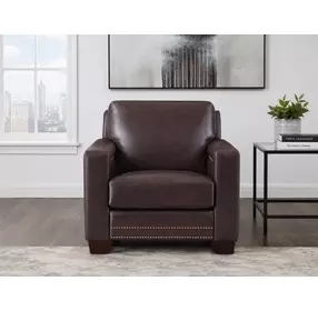 Aldercrest Brown Leather Upholstered Accent Chair with Nailhead Trim