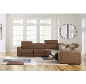 Rally-Up Caramel Leather 5 Piece Modular Power Reclining Sectional with USB Charging