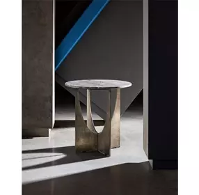 Curated Gray and Gold Round Travertine Top Op Art End Table