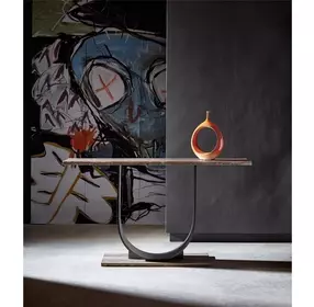 Curated Gray and Oil Rubbed Bronze Rectangular Travertine Top Equilibrium Console Table
