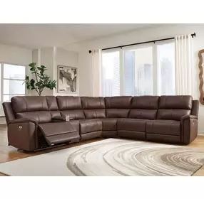 Beryton Espresso Leather 6 Piece Modular Power Reclining Sectional with Storage Console and USB Charging