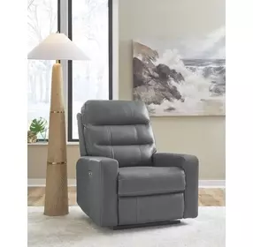 Revival Status Gray Leather Power Recliner with Power Headrest and USB Charging