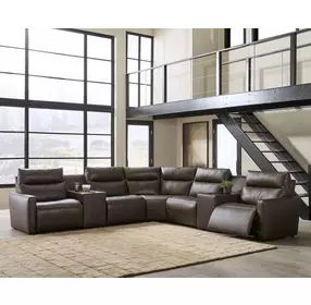 ModZ Chocolate Leather 7 Piece Modular Power Reclining Sectional with Audio Console and USB Charging