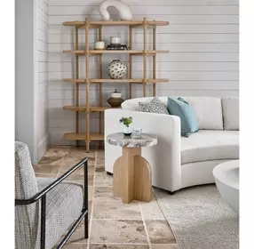 Voyage White and Tech Oak Round Stone Top Riverine Accent Table