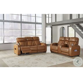 Boyington Caramel Power Reclining Console Loveseat with Adjustable Headrest