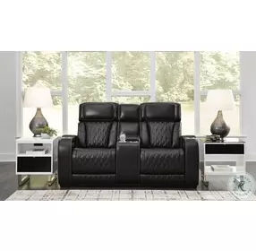 Boyington Black Leather Power Reclining Console Loveseat with Adjustable Headrest
