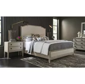 Waverly Beige and Rolling Fog Queen Upholstered Panel Bed