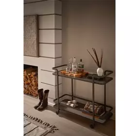 Modern Smoked Bronze and Gray Travertine Top Bar Cart