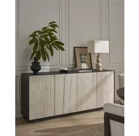 Modern Black and White 4 Door Travertine Stone Credenza