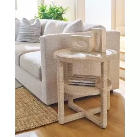 Azure Abaca and Travertine Round Side Table