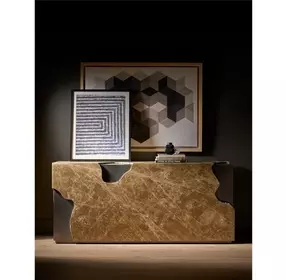Modern Antique Nickel and Light Emperador Rectangular Stone Top Console Table