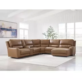 Silverbrooke Caramel Leather 6 Piece Modular Power Reclining Sectional with RAF Chaise and USB Charging