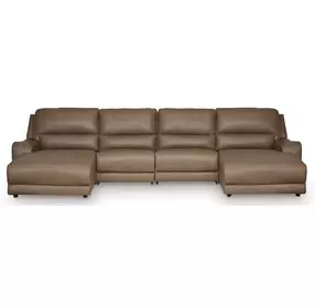 Silverbrooke Caramel Leather 4 Piece Modular Reclining Sectional with Double Chaise and USB Charging