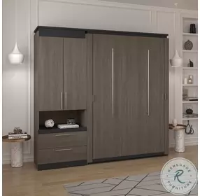 Orion Bark Gray And Graphite 88" Full Murphy Bed And Storage Cabinet With Pull Out Shelf