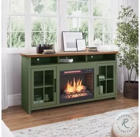 Vineyard Sage Green And Fruitwood 74" TV Stand with Fireplace