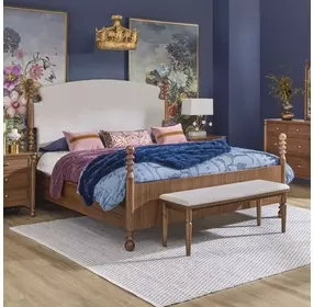 Azalea Oatmeal and Walnut Performance Fabric King Upholstered Panel Bed