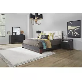 Waterfall Cream and Deep Ebony Performance Fabric King Upholstered Panel Bed