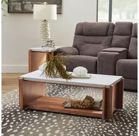 Lincoln White and Walnut Rectangular Stone Top Coffee Table with Casters