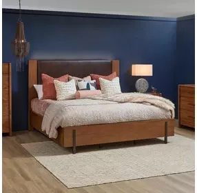 Lincoln Warm Walnut and Rich Brown Queen Upholstered Platform Bed with USB Charging and LED