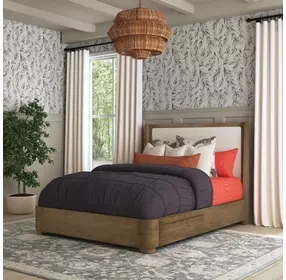 Normandy Cream and Driftwood Performance Fabric Queen Upholstered Storage Panel Bed
