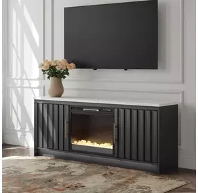 Cadmori Matte Black and White 63" TV Stand with 6 Level Temperature Electric Fireplace