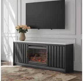 Cadmori Matte Black and White 63" TV Stand with 7 Level Temperature Electric Fireplace