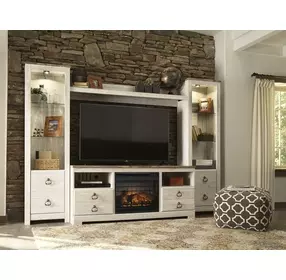 Willowton Whitewash 4 Piece Entertainment Center with Electric Fireplace and LED