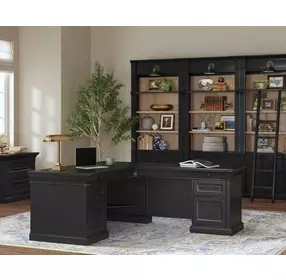 Willow Lane Ebony Black 118" Executive L Desk with USB Charging
