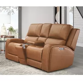 Belmont Lyric Caramel Leather 77" Zero Gravity Power Reclining Loveseat with Console and USB Charging