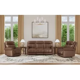 Alexander Weathered Khaki Brown Leather Zero Gravity Triple Power Reclining Living Room Set