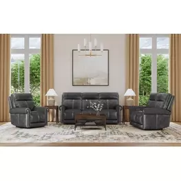 Alexander Weathered Stone Gray Leather Zero Gravity Triple Power Reclining Living Room Set
