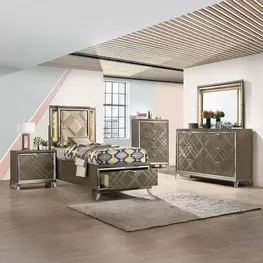 Skylar Beige and Dark Champagne Upholstered Storage Youth Panel Bedroom Set with LED